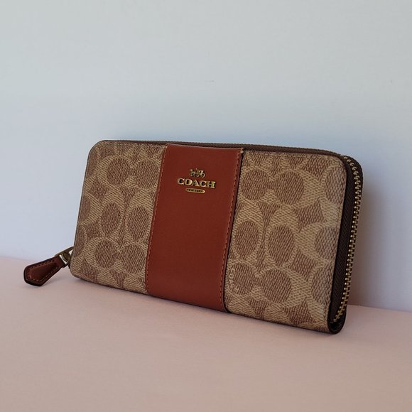 COACH Signature Logo Coated Canvas & Leather Slim Accordion Zip Wallet- Tan Rust - Picture 4 of 16